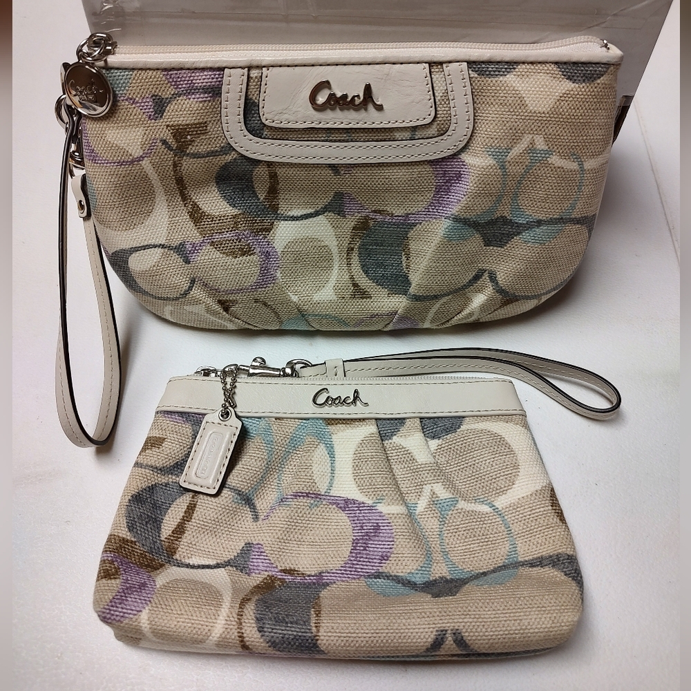 Coach EUC++ 2fer Op Art Signature C Linen Beige Large & Mini Wristlets (W76)